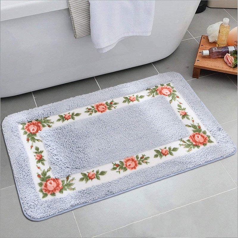 UKELER Absorbent Bathroom Rug Set of 2 Floral Rose Bath Rug Washable Non-Skid Microfiber Shaggy Toilet Rug for Bathroom, 17.7''x29.5''+20''x20'' Bath Mat, Blue - Image 2